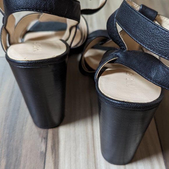 NINE WEST Women's Wedge Leather Sandals Gold Buckle Black Strap 4" Heel … - Picture 3 of 8